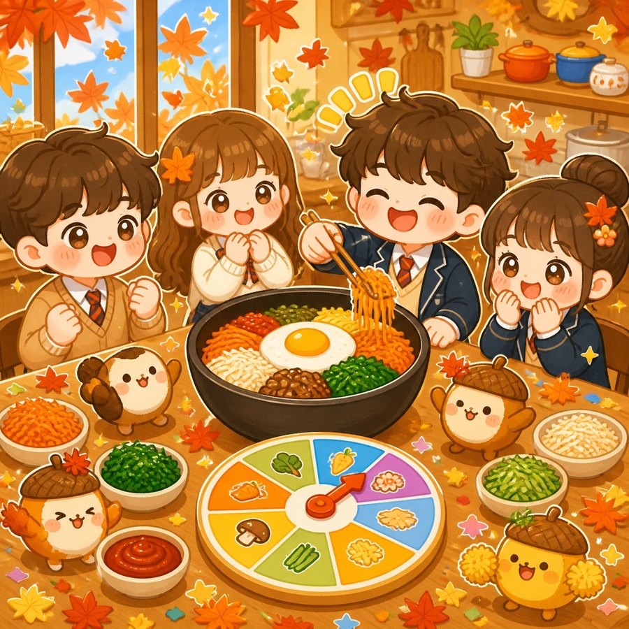 비빔밥 재료 게임을 하는 모습